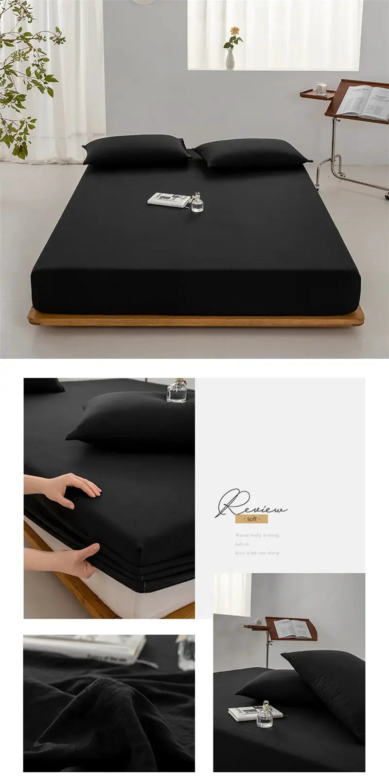Soft cotton fitted sheet with elastic edges in black on bed with two pillows.