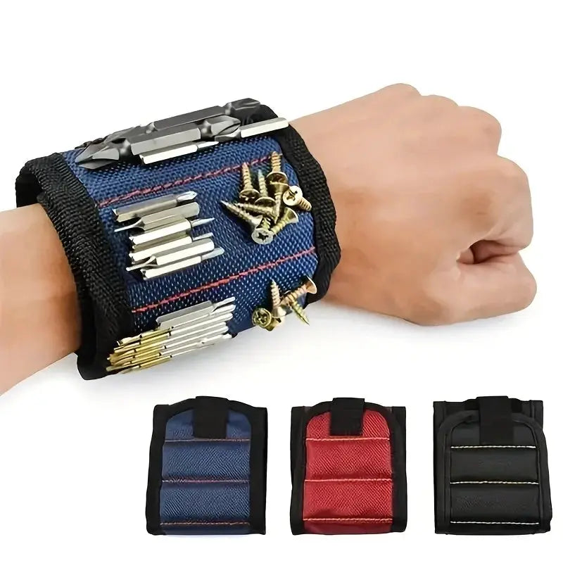 Magnetic tool wristband by Simples Market; blue denim strap holding screws and nails (blue, red, black)