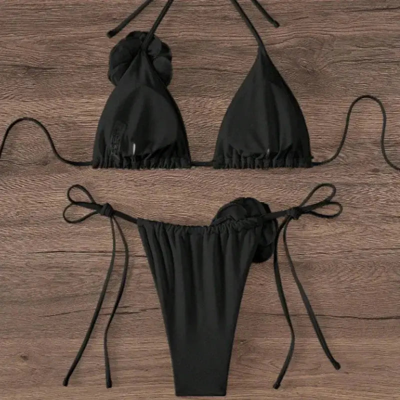 Sexy 3D Flowers Halter Strappy Bikini Women Swimwear Two Piece Swimsuit Set Size S To L For Beach Bathing