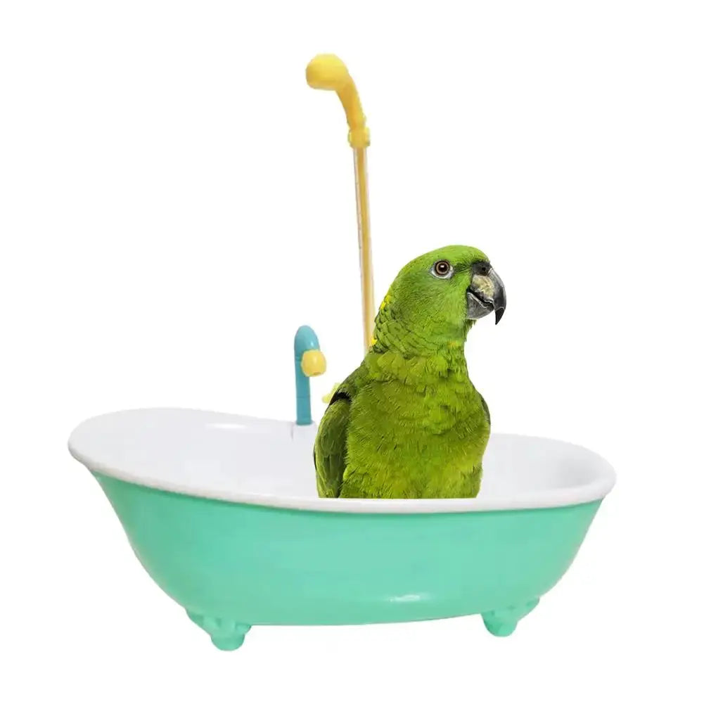 Parrot bath tub set in turquoise plastic tub with yellow shower head, Simples Market bird bath accessory