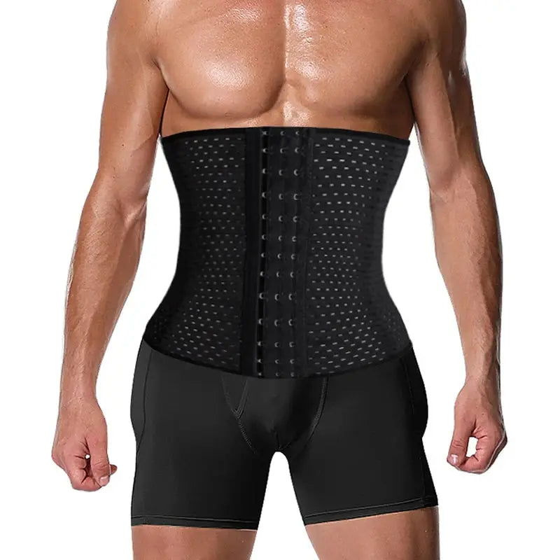 Men's black waist trainer corset by Simples Market; front-hook closures, high-compression abdomen shapewear.