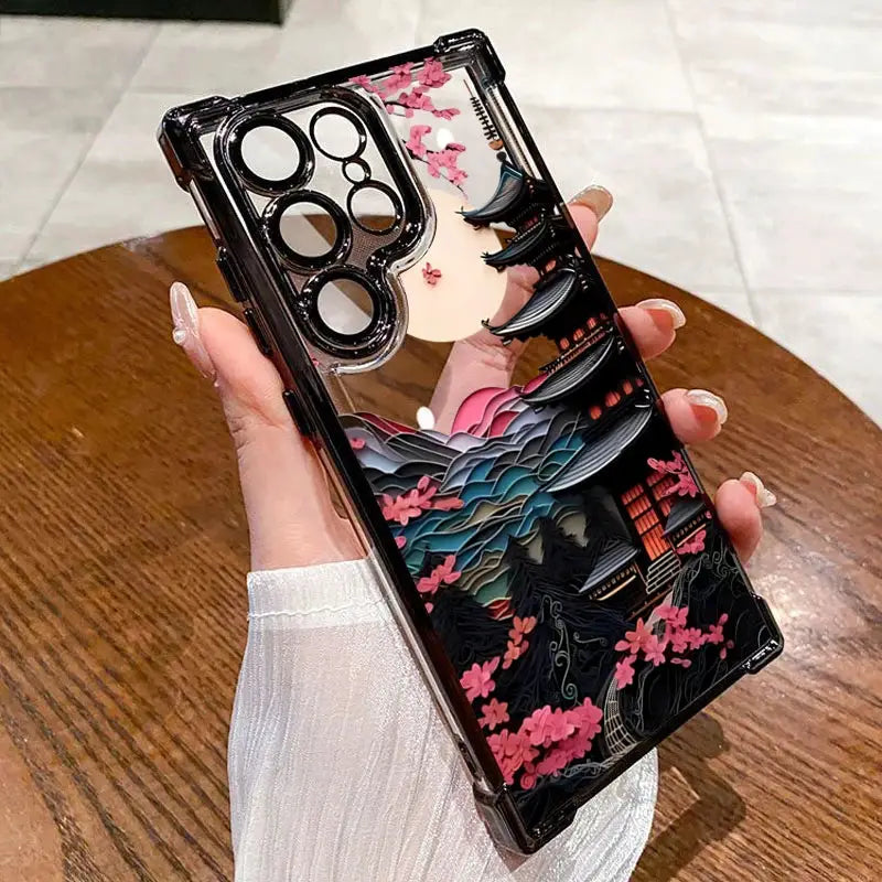 Airbag phone case for Samsung Galaxy by Simples Market, clear back with pagoda, waves and cherry blossoms.