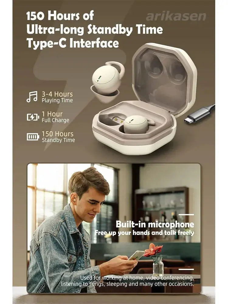 Simples Market Bluetooth sleep earbuds in beige charging case with white in-ear buds; built-in mic and 150h standby time