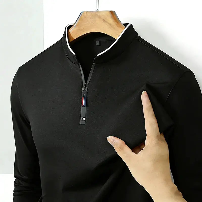 Simples Market men's black stand-collar half-zip long-sleeve shirt with white trim, slim-fit casual top