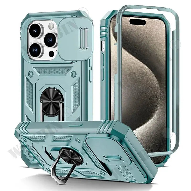 Case for iPhone heavy-duty protective cover with 360° kickstand in teal by Simples Market