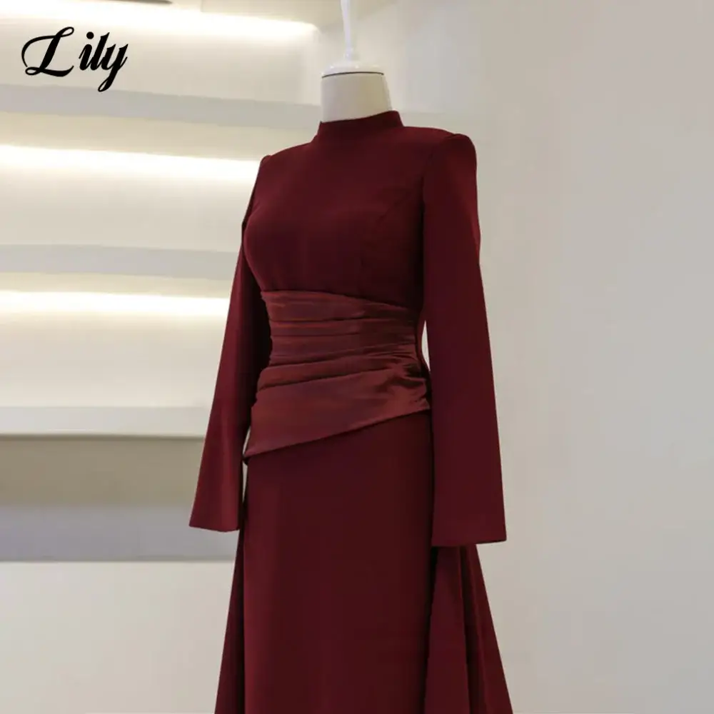 Lily Burgundy Satin Mermaid Prom Dress With High Neck Sleeves Dubai