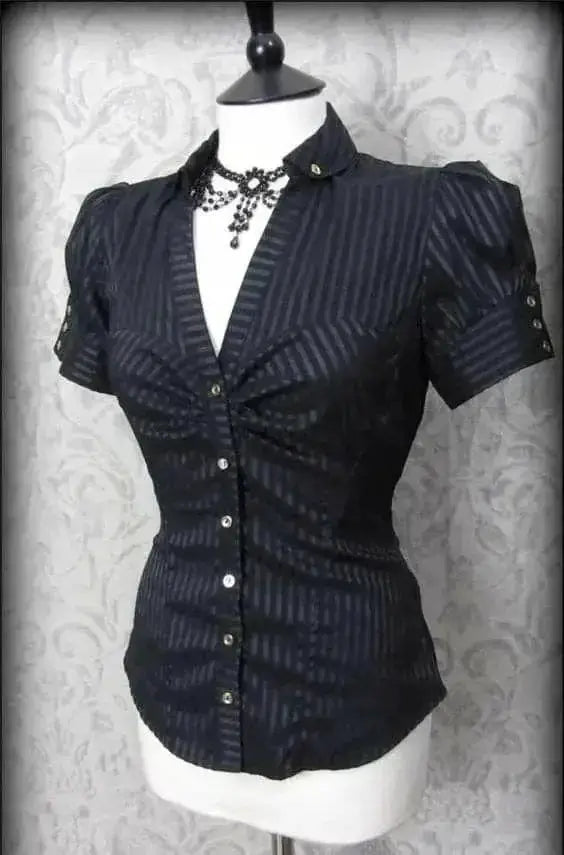 Black striped short-sleeve button-down blouse with a fitted waist on a mannequin; vintage Y2K-inspired top.