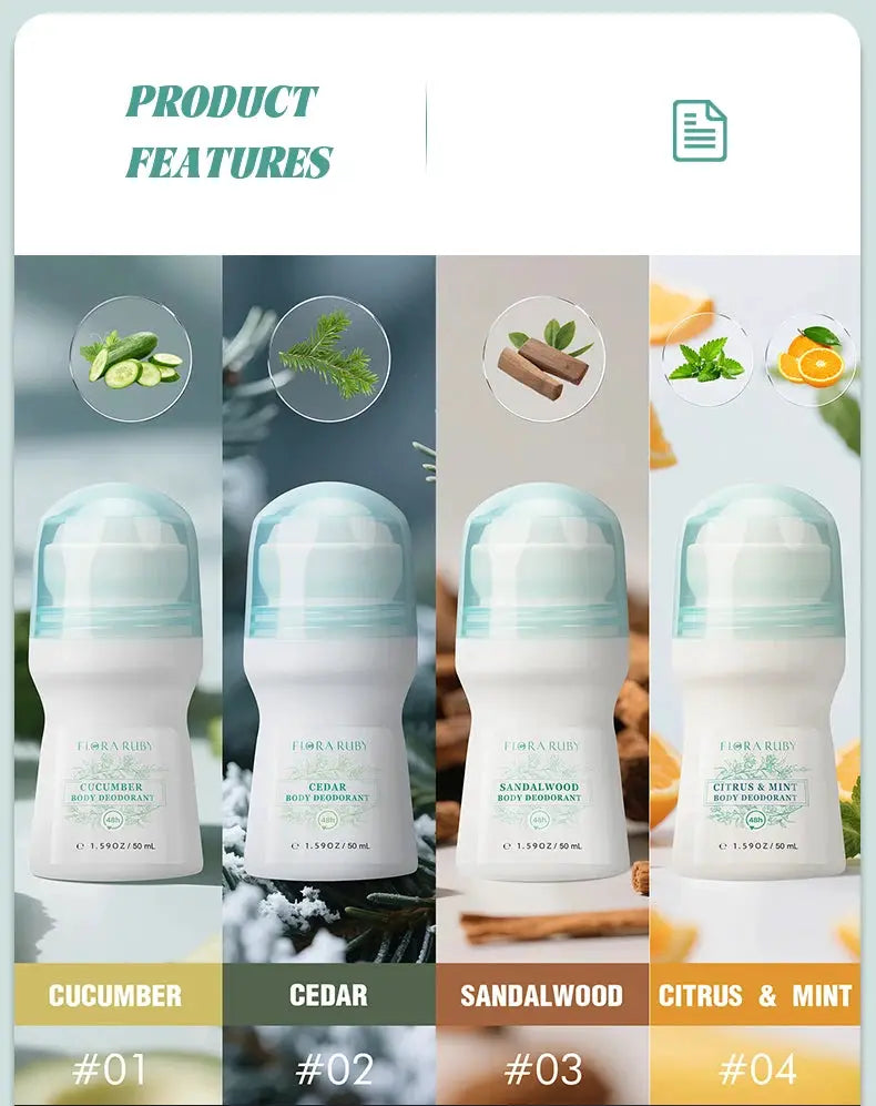 Simples Market Flora Ruby deodorant roll-ons, 4-pack with green caps and cucumber, cedar, sandalwood, citrus & mint