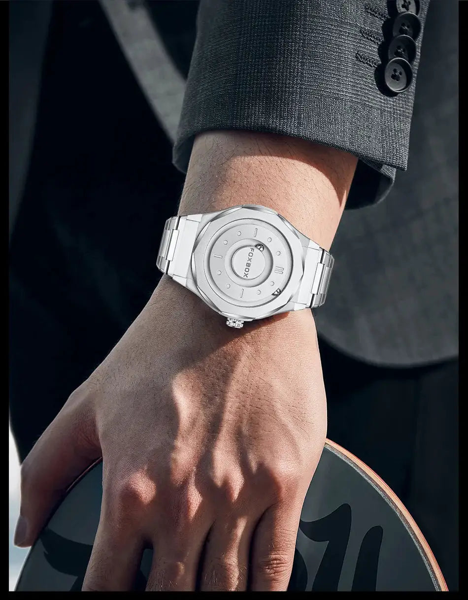 FOXBOX men's stainless steel quartz wristwatch with a metal link bracelet