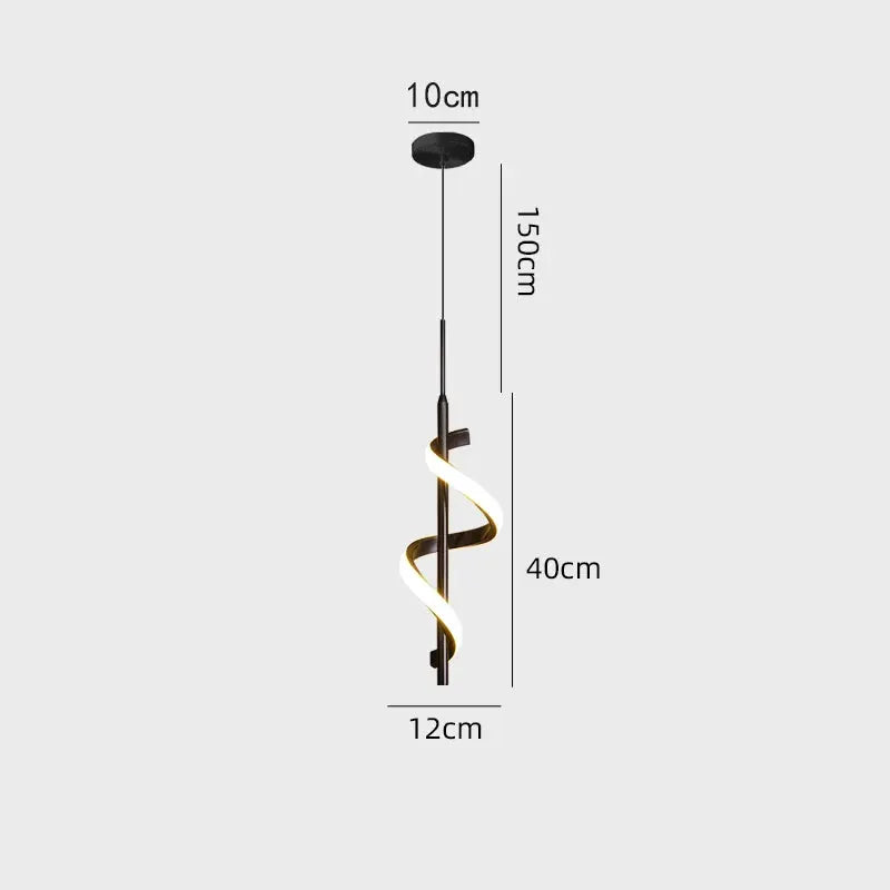 Simples Market Lustre LED pendant light with spiral ribbon, black stem, warm-white, 150 cm drop, 12 cm wide