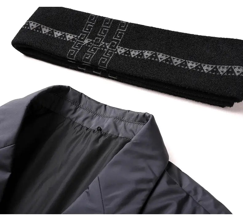 Men's down jacket and removable scarf 2-piece set; black outer with gray lining, Simples Market.