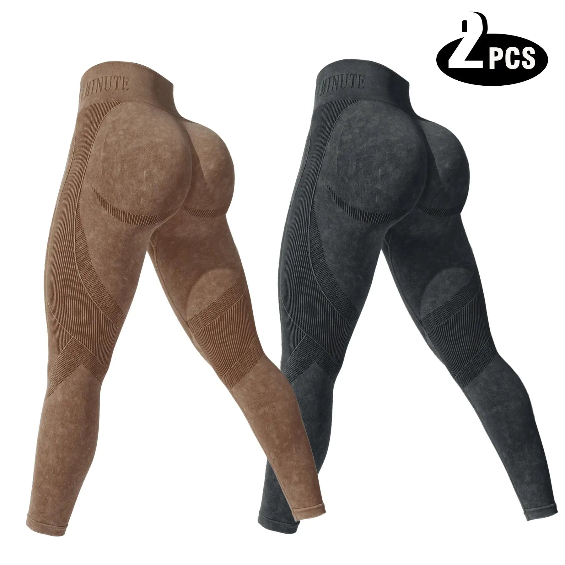 2-pack women's high-waisted seamless yoga leggings in brown and black, elastic and breathable.