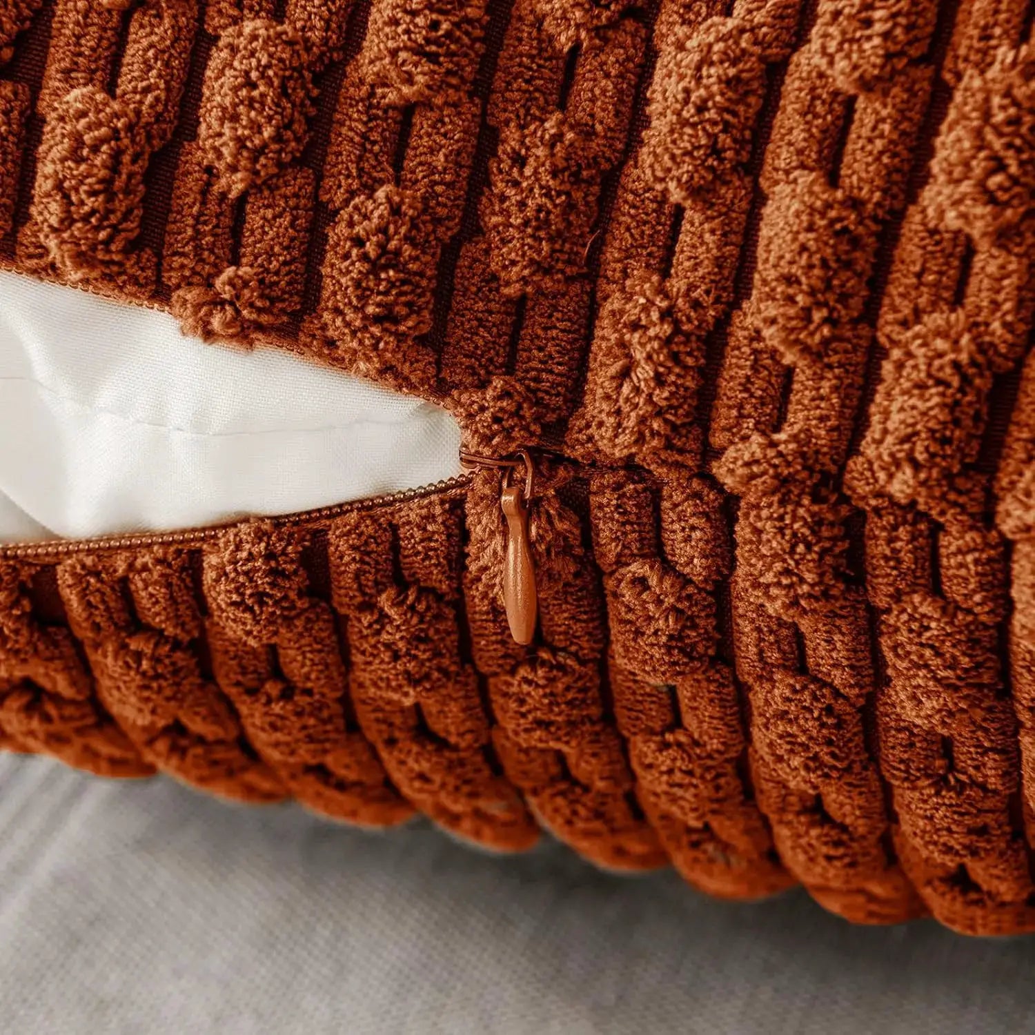 Fall decorative throw pillow cover in rust corduroy with zipper detail