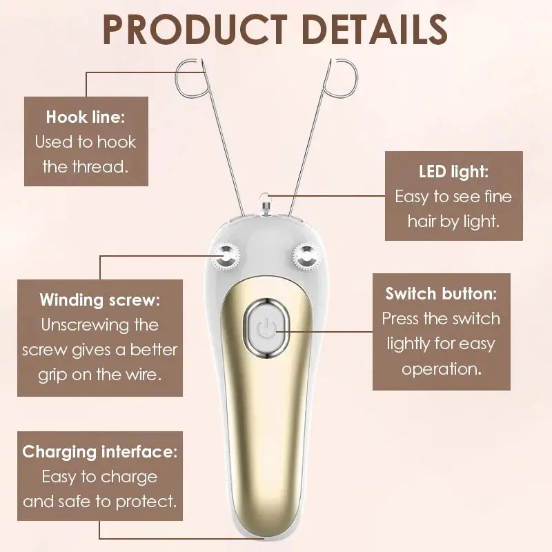Simples Market electric threading epilator for face and body; white and gold handheld device with LED light