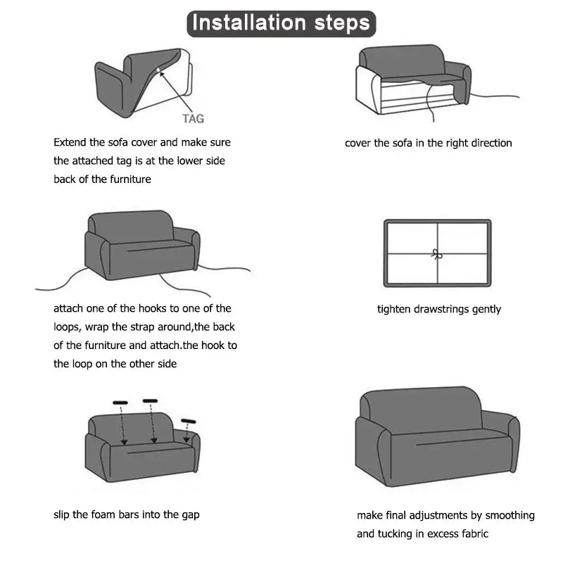 Simples Market Jacquard sofa cover, elastic thick fabric for L-shaped to 5-seat sofas, installation steps diagram.