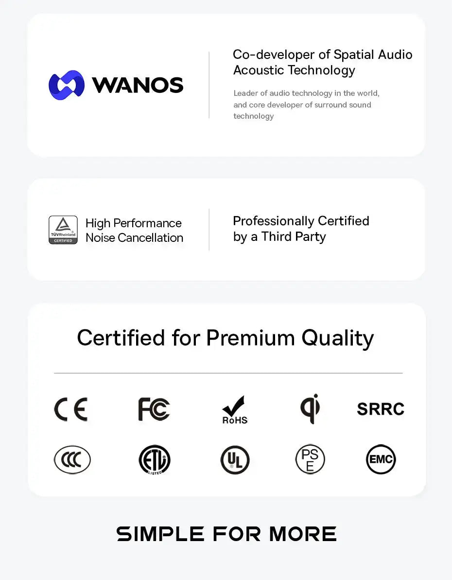 Baseus GH02 gaming wireless headset by Simples Market; WANOS logo and premium quality certification icons.