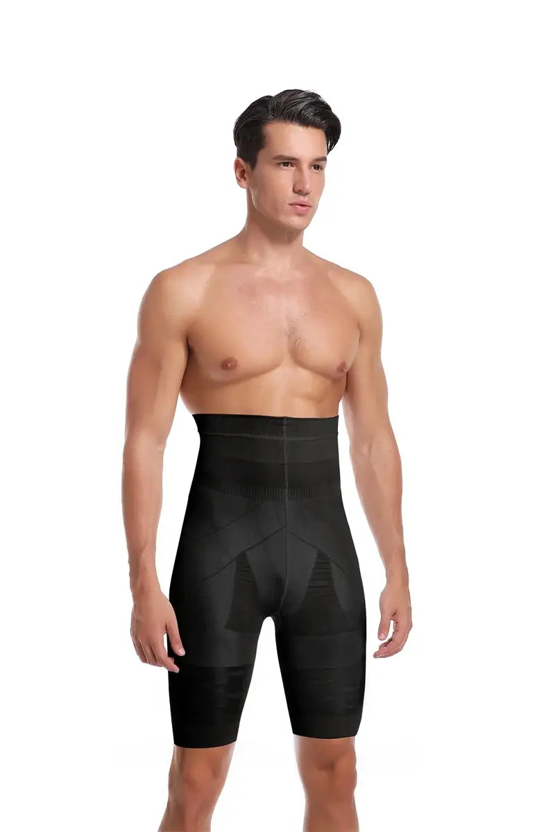 Men's black high-waist tummy-control shapewear shorts with abdomen support, compression underwear 3XL