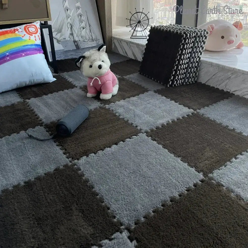 Soft plush children's EVA foam interlocking puzzle playmat in brown and gray squares