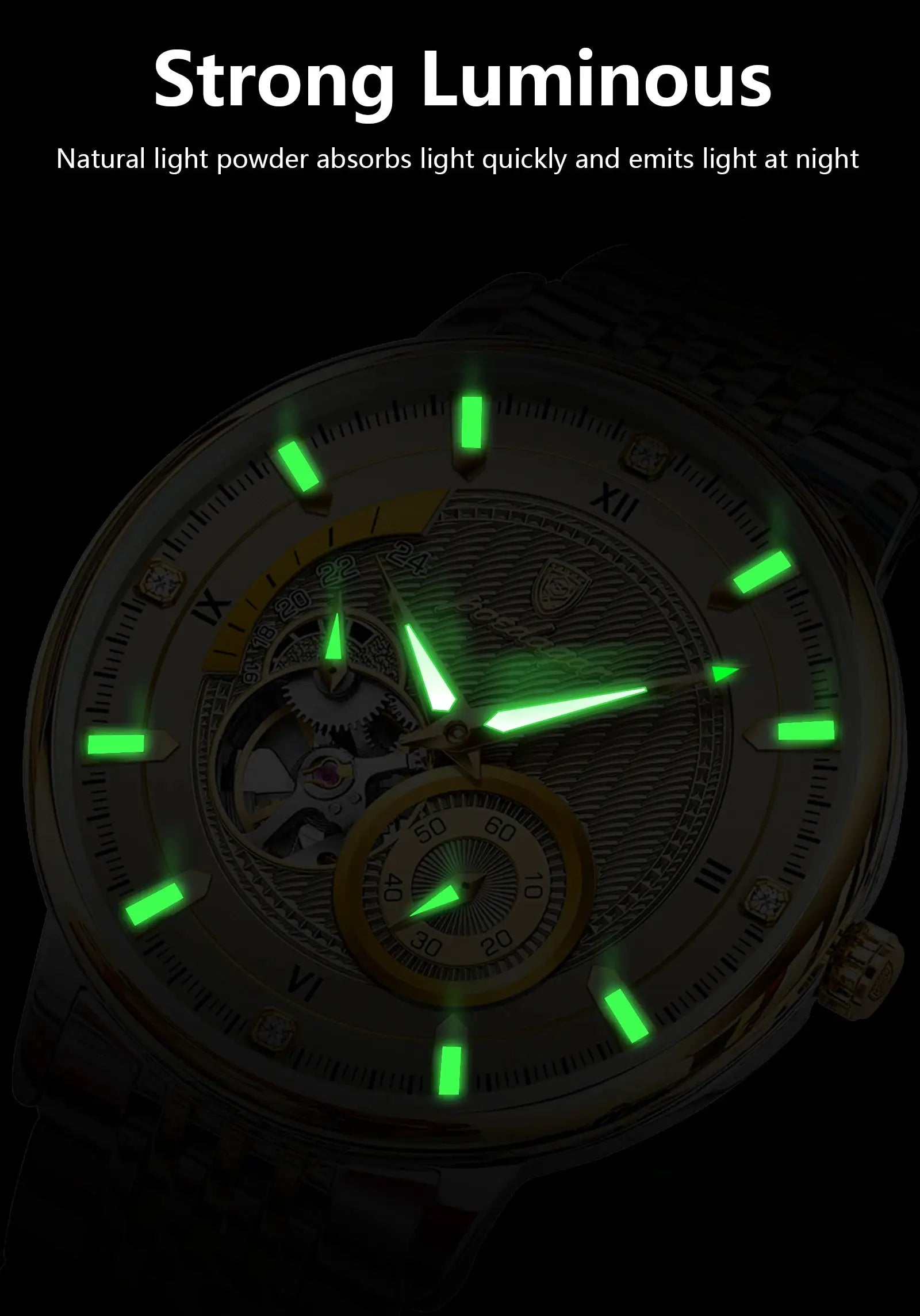 POEDAGAR men's wristwatch with green luminescent markers and skeleton tourbillon, stainless steel.