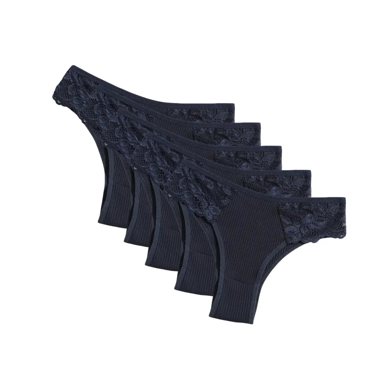 5-pack navy cotton panties with floral lace side panels and rib-knit low-rise fit