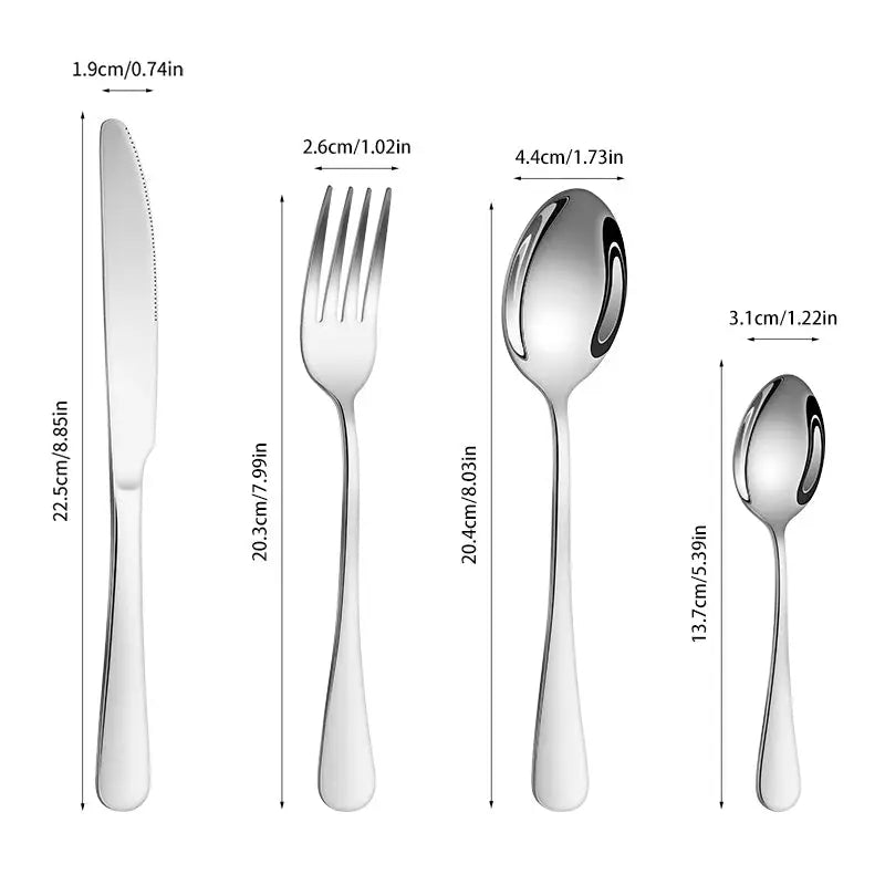 4 6 16 24 Piece Set Silver Stainless Steel Cutlery With 1010 Round Handle Knife Fork Spoon For Family Dinners And Hotels