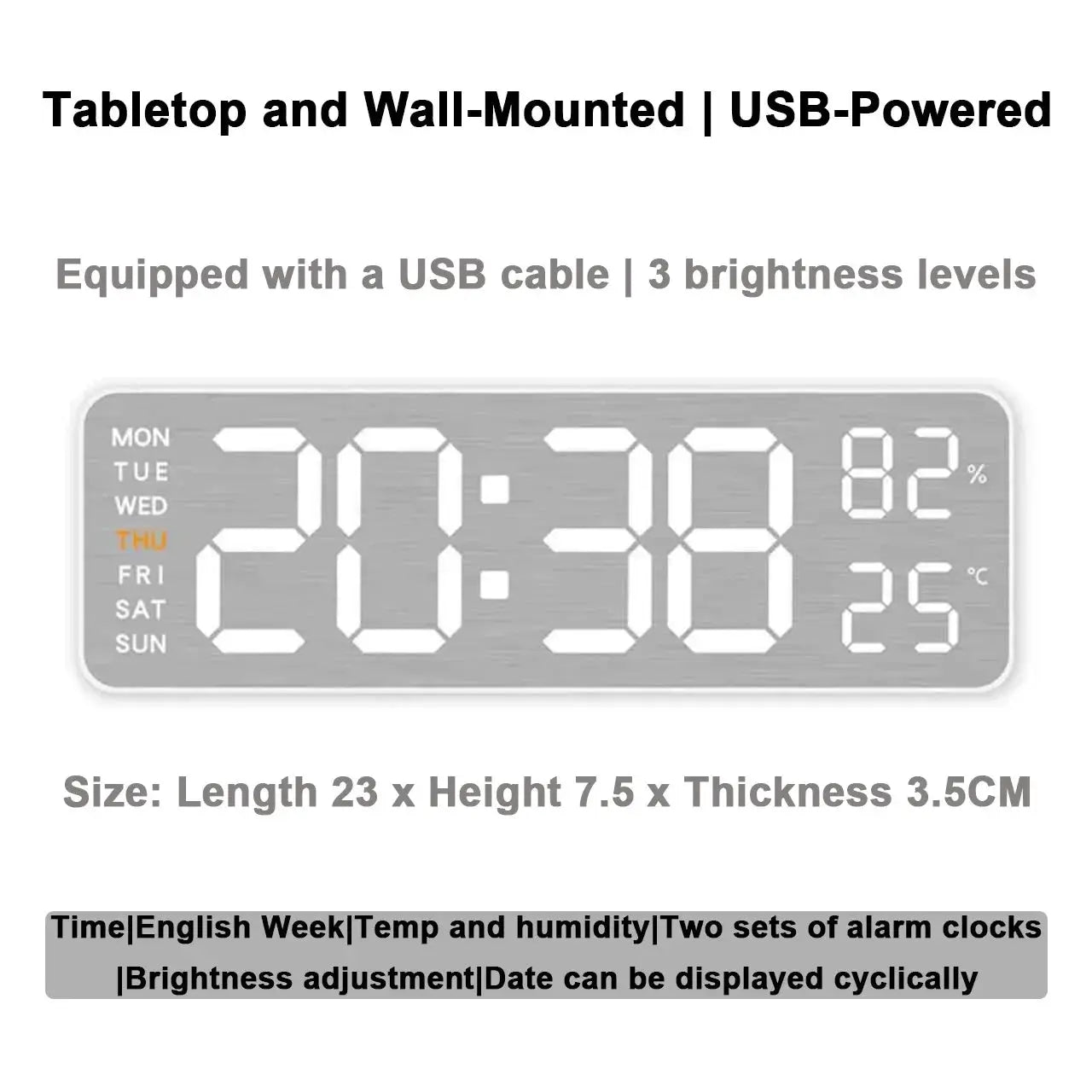 Mirror-brushed finish wall clock by Simples Market, digital display with day indicator and temp/humidity readouts.
