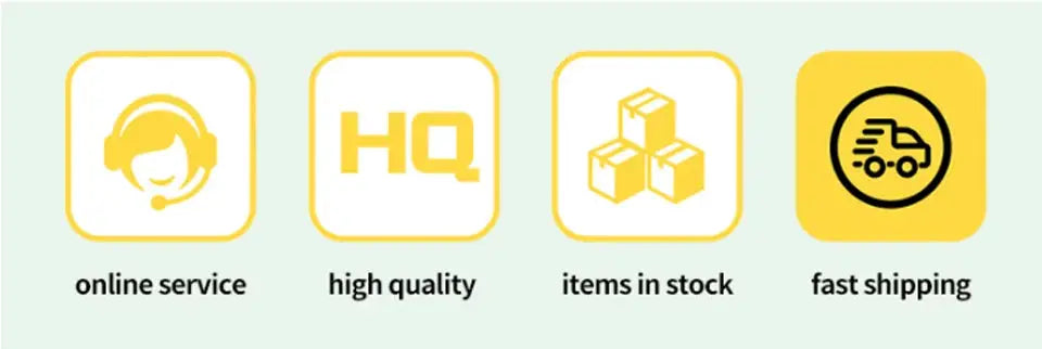 Simples Market four service icons: online service, high quality, items in stock, fast shipping
