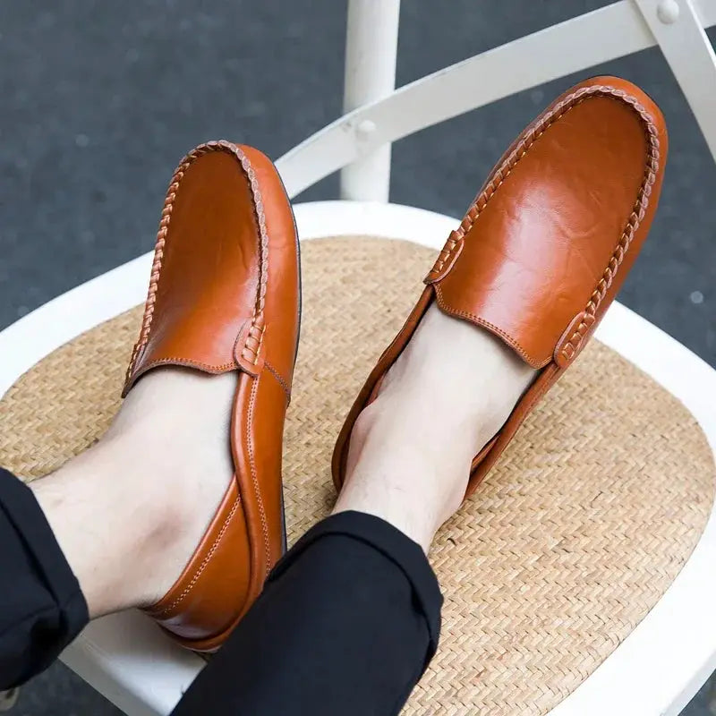 Men's brown genuine leather loafers, slip-on moccasin-style casual shoes