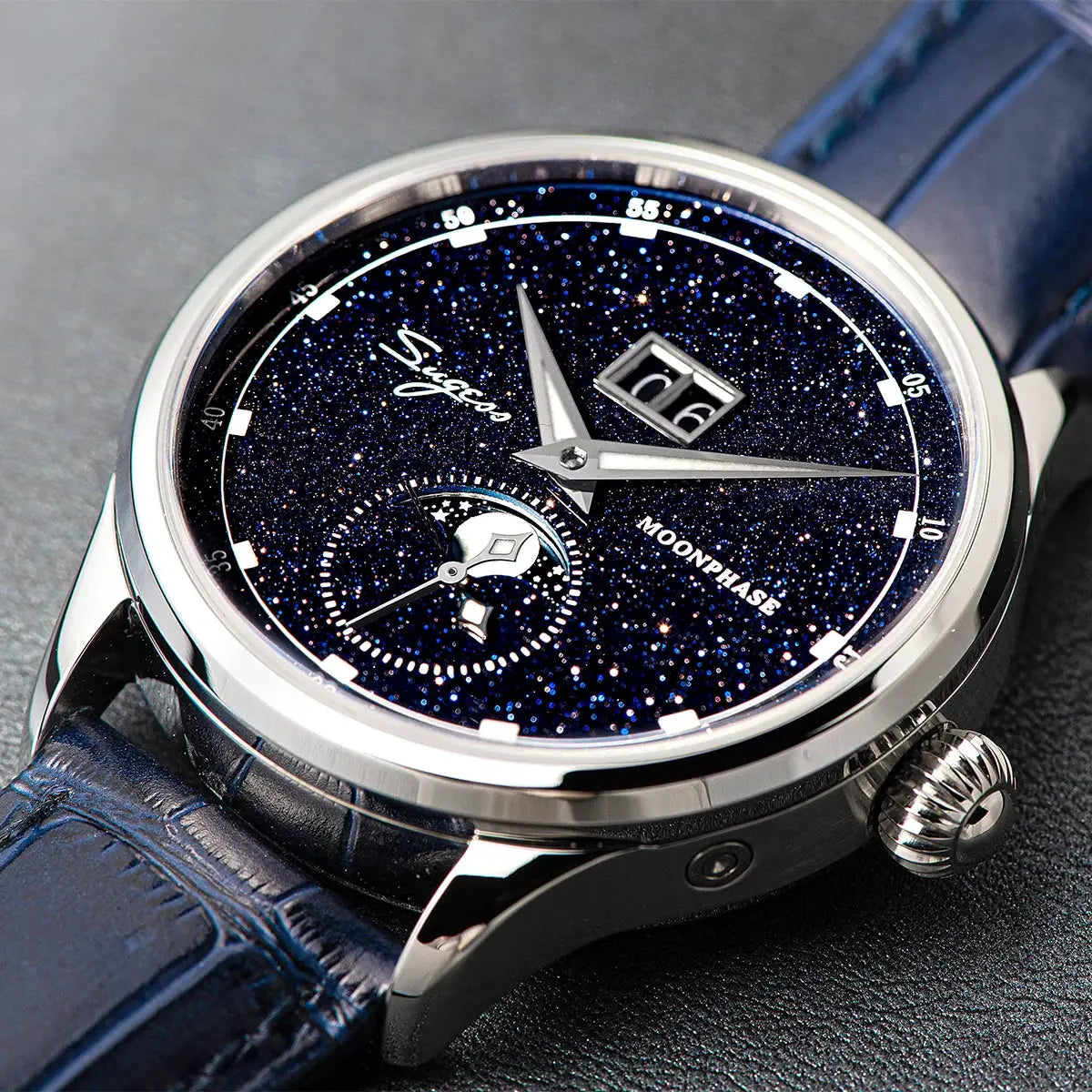 Sugess Moonphase men's watch with blue sandstone dial, stainless steel case, blue leather strap