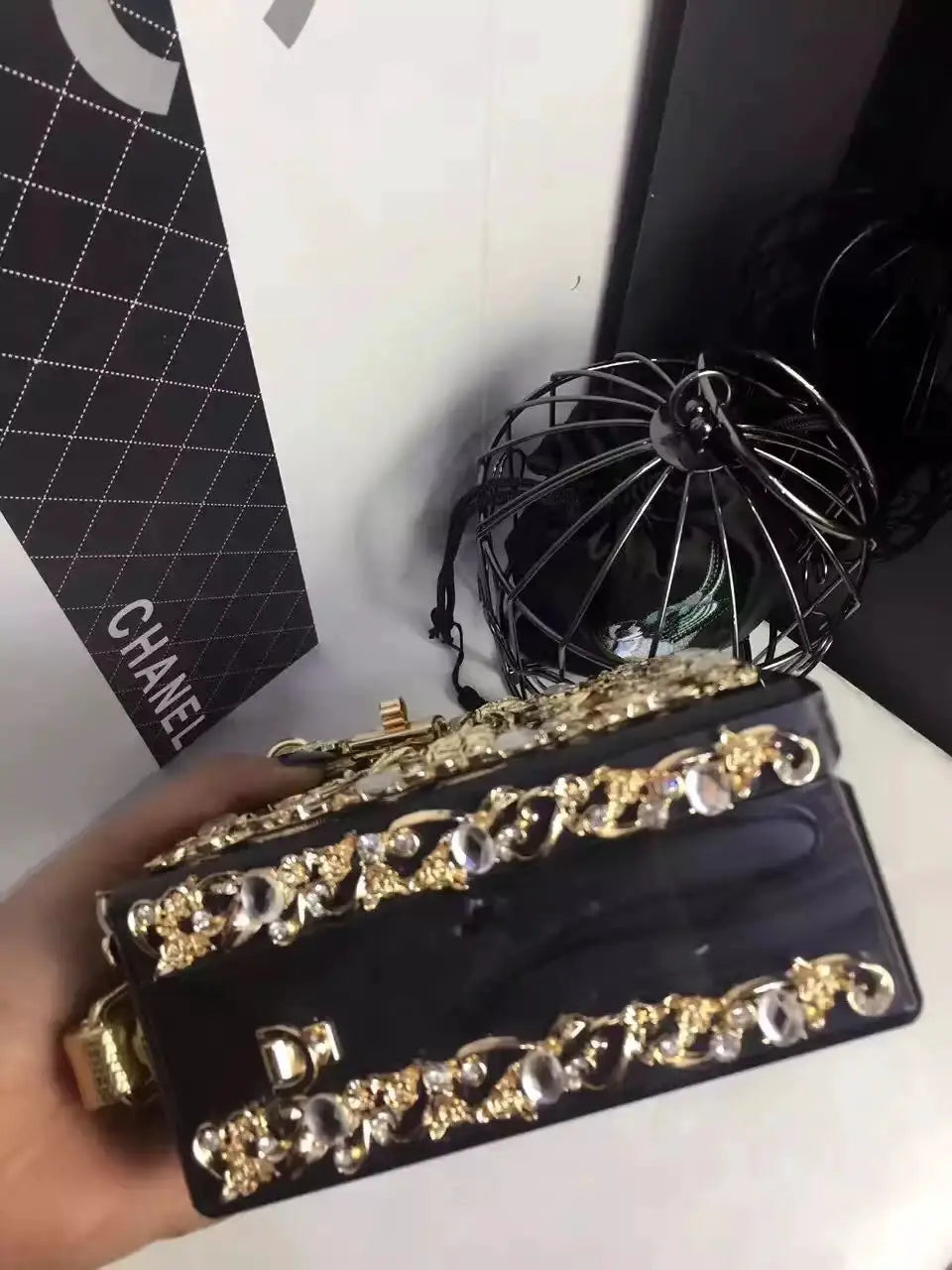 High-Grade crystal evening bag, black box clutch with gold-tone floral chain and diamond accents