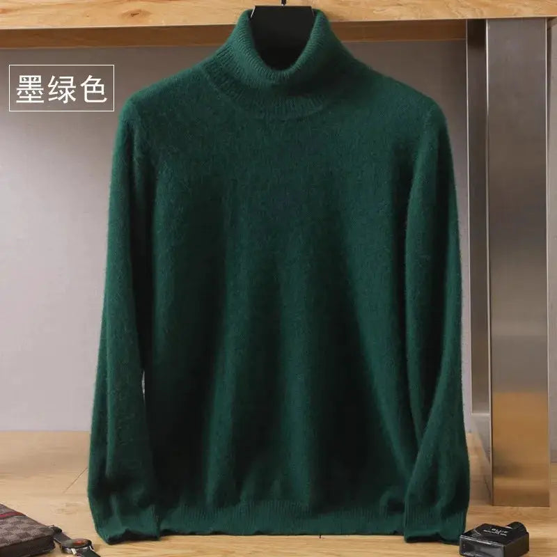 Men's green mink-velvet cashmere sweater, high-neck knit, long sleeves