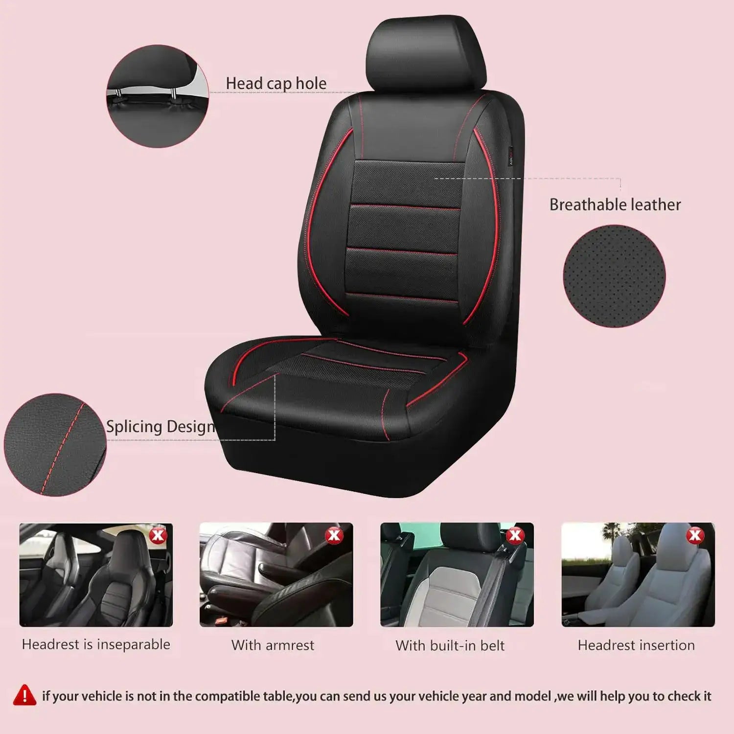 Universal leather car seat cover for 5 seats by Simples Market, black with red stitching and breathable panels.