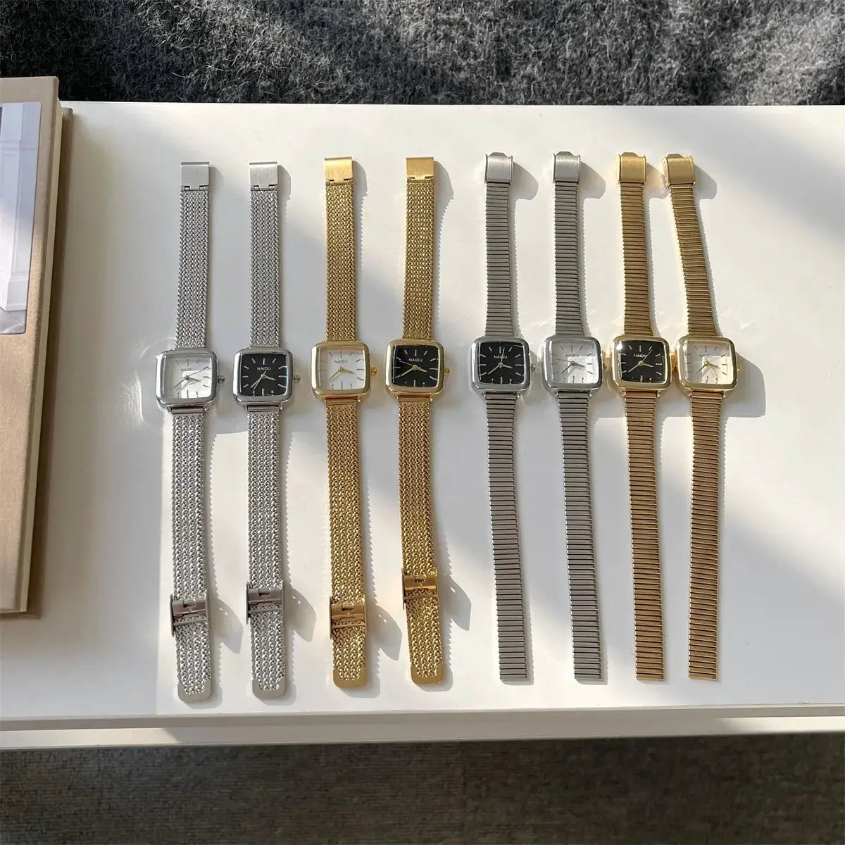 Simples Market women's retro quartz watches with stainless steel mesh straps; small dials, set of 9 silver and gold