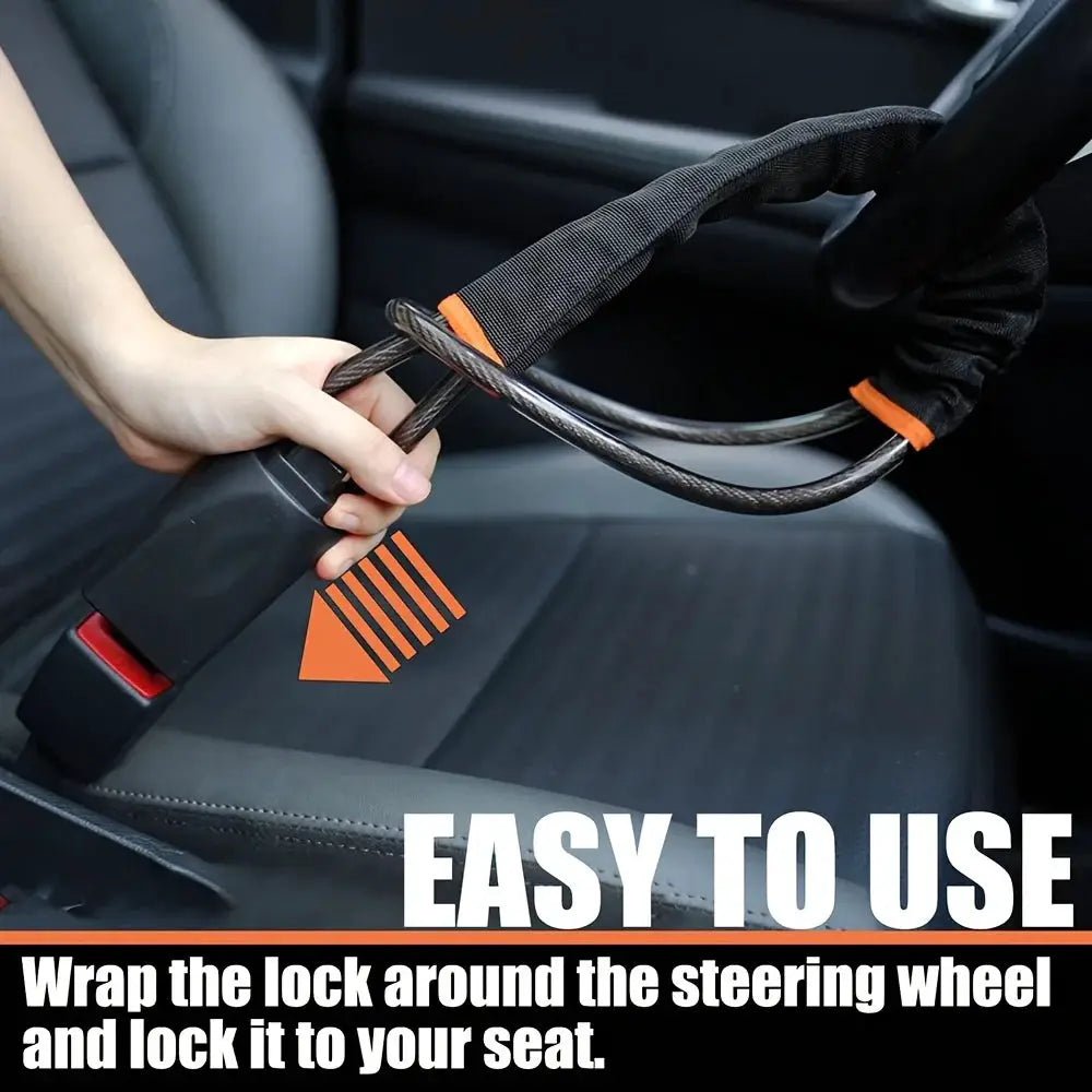 Steering wheel lock by Simples Market; black steel cable with orange accents for universal vehicle fit.