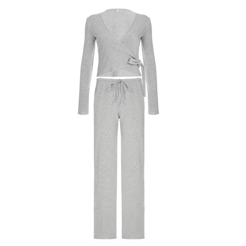 Absobe 2 Piece Leisure Suit Women Flare Sleeve Crop Cardigan Pants