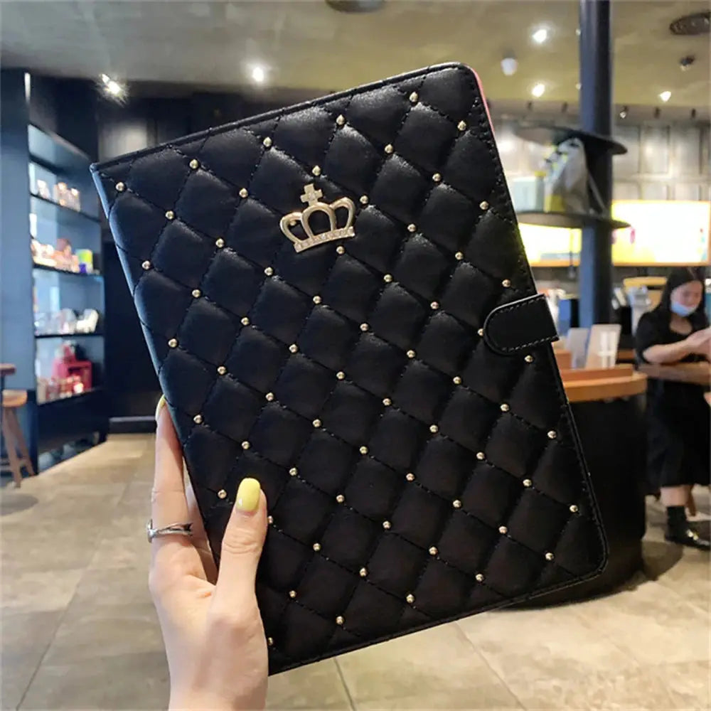 Ipad Lambskin Stand Smart Case Crown Rivet Design Plaid Pattern Scratch Resistant PU Leather