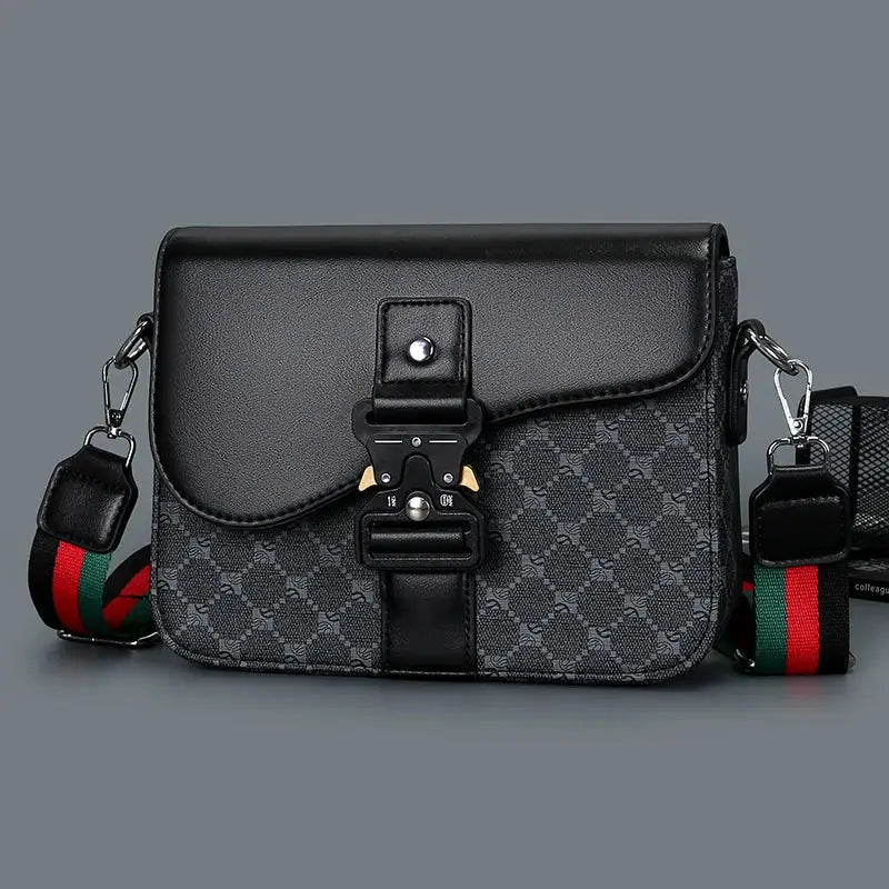 Simples Market jacquard crossbody bag in gray with black leather trim and metal buckle