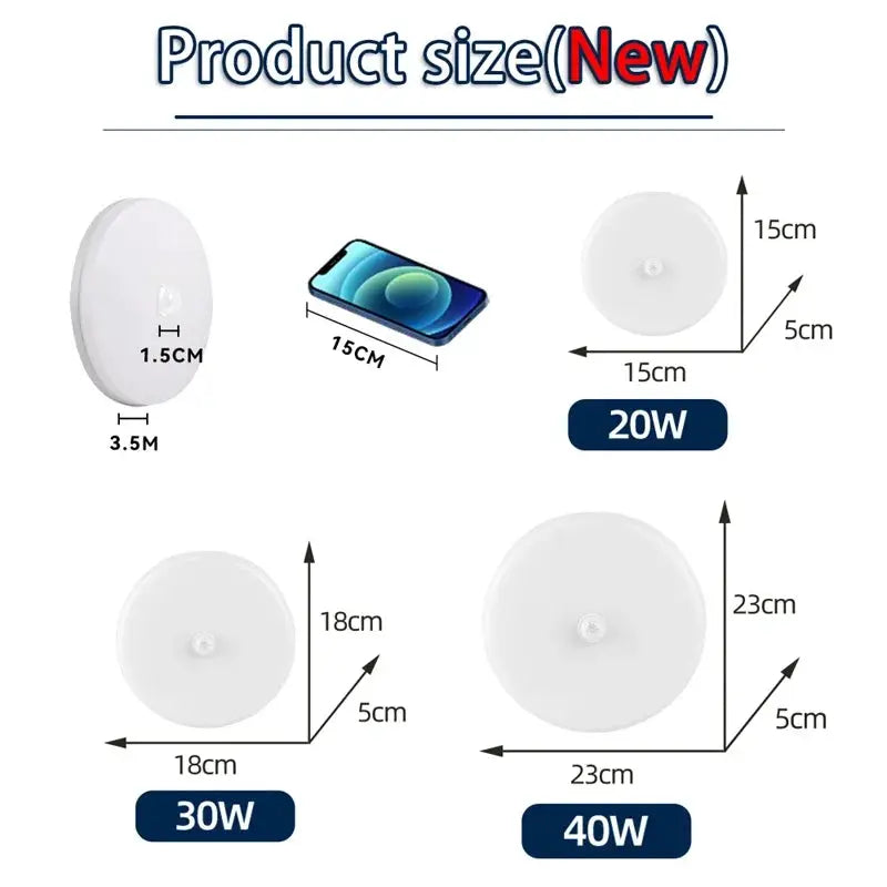 Motion Sensor PIR LED Ceiling Lamp, white, various sizes (20/30/40W), 110–220V
