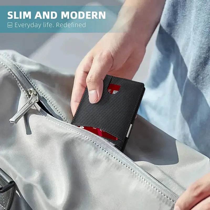 RFID carbon fiber slim wallet by Simples Market; black cardholder with red cards partially visible
