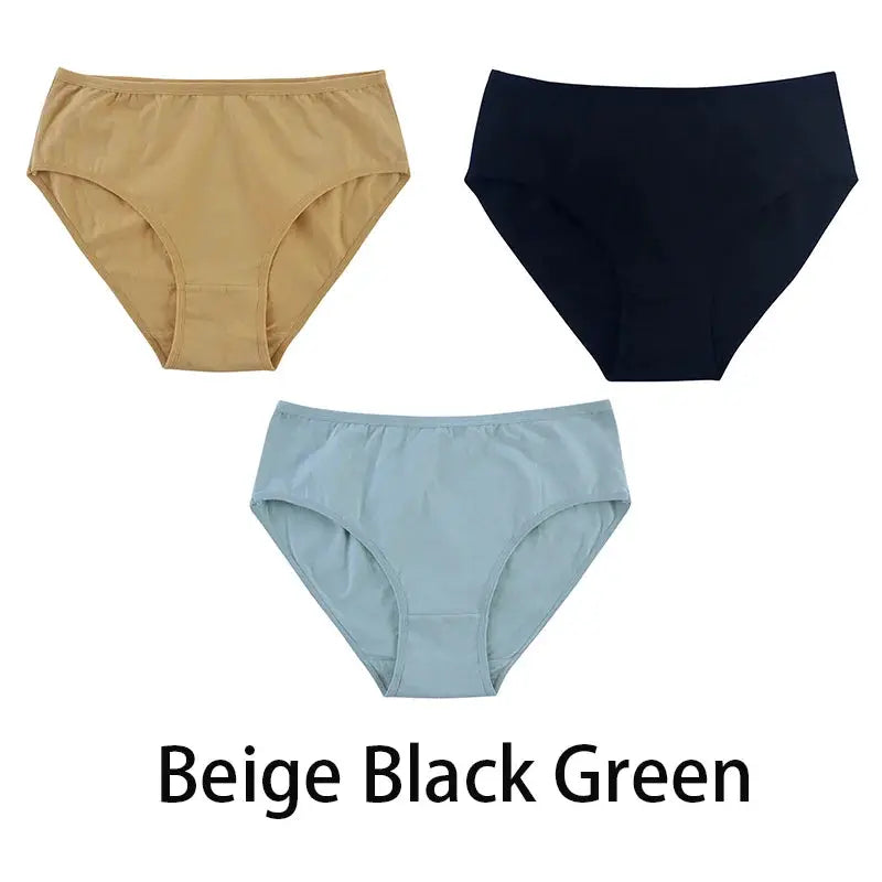 3-pack women's seamless cotton panties by Simples Market in beige, black, and green