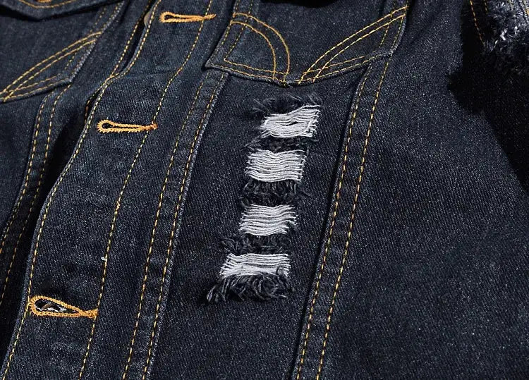 Denim jeans vest for men, blue with distressed tears and yellow topstitching.