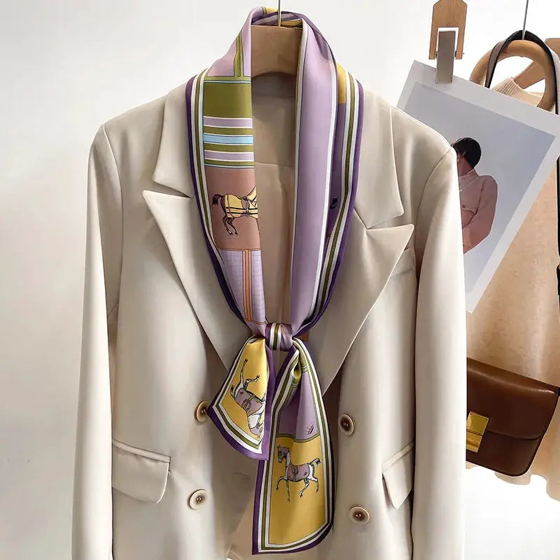LuxeSilk Silk Feel Printed Design Scarf Versatile Long Narrow Silk Shawl For Fashionable Styles