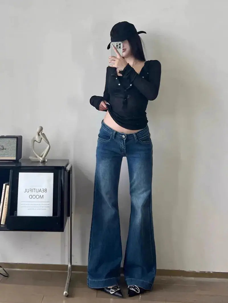Lucyever Y2K Streetwear Low Waisted Jeans Women Wide Leg Denim Flares