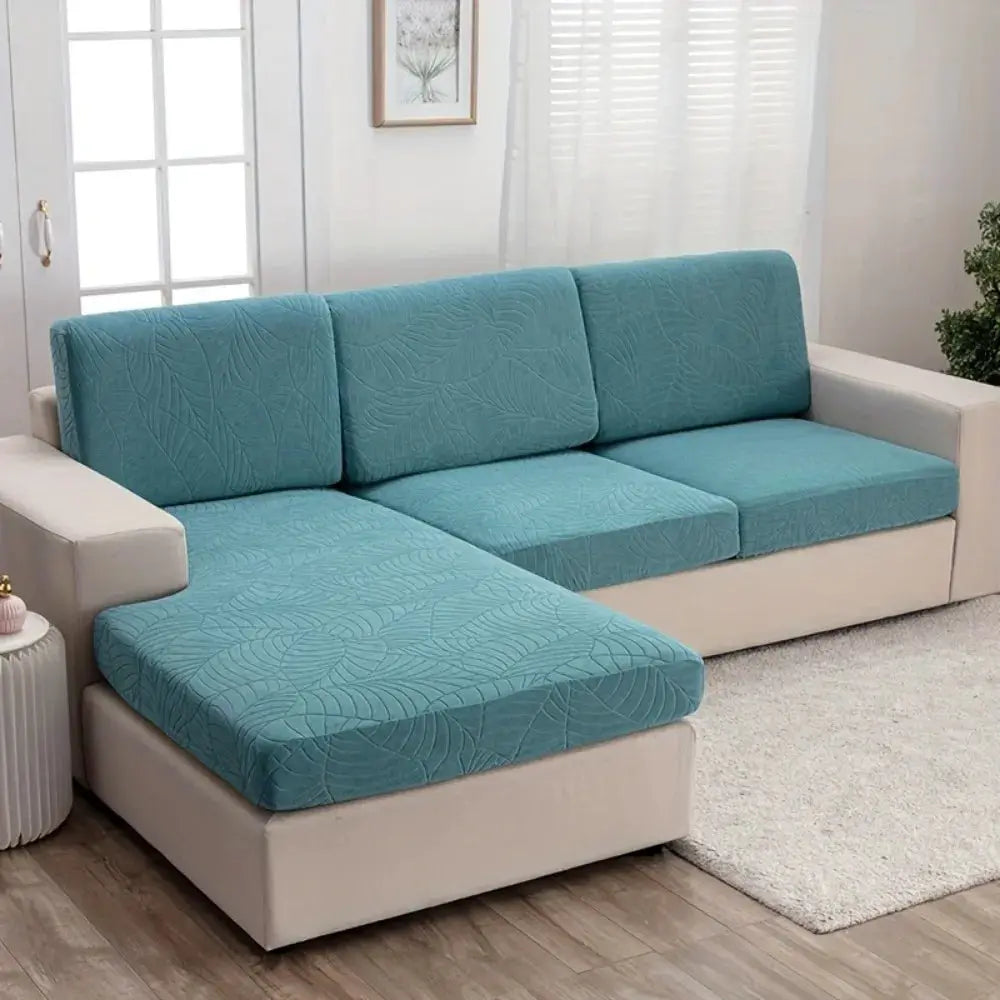 Waterproof stretch sofa cushion cover in blue jacquard fabric by Simples Market for chaise lounge