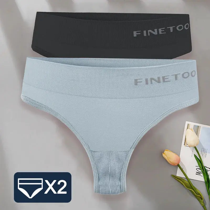 FINETOO 2-pack bodyshaper G-string panties for women in black and light blue, seamless thong underwear