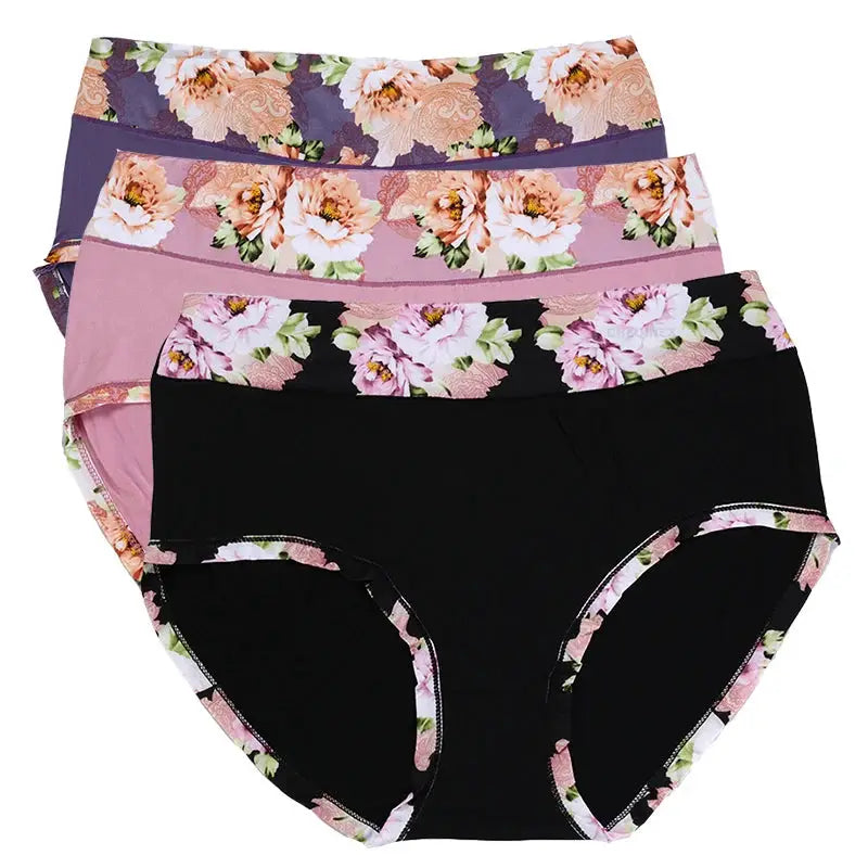 Panties set of four floral-print briefs in assorted colors, including a black pair with floral trim