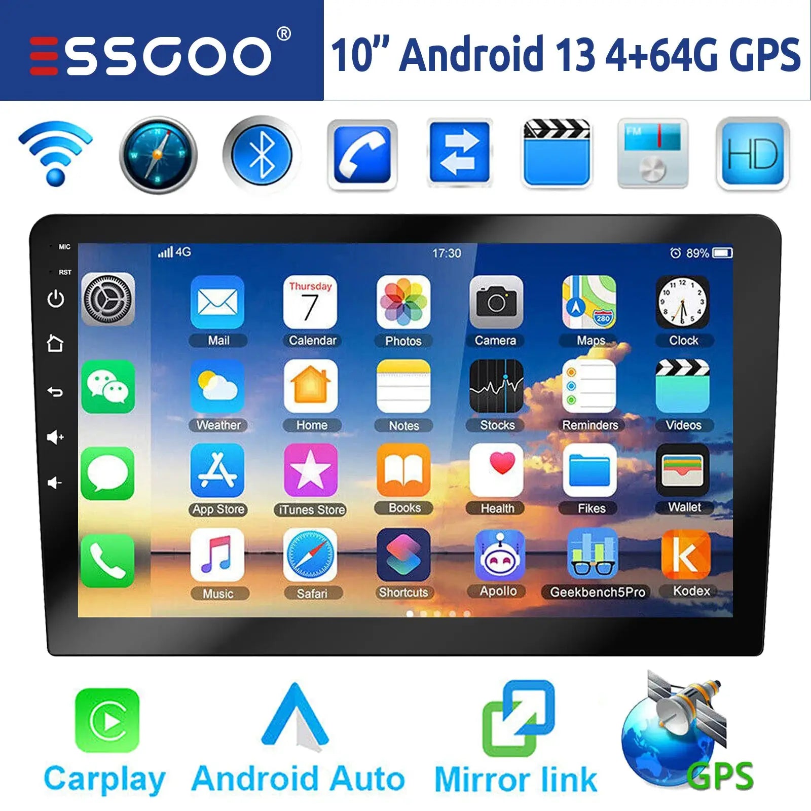 ESSGOO 10-inch Android car stereo head unit with CarPlay Android Auto GPS Bluetooth Wi-Fi