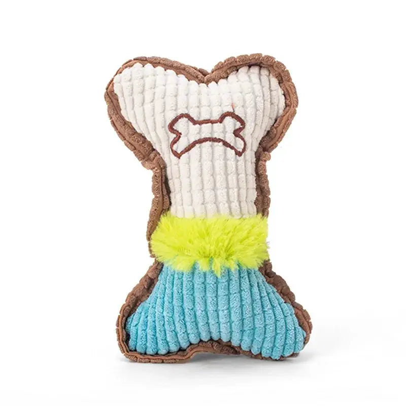 Simples Market bone-shaped plush squeaky dog toy with white top, blue bottom, and neon-yellow collar
