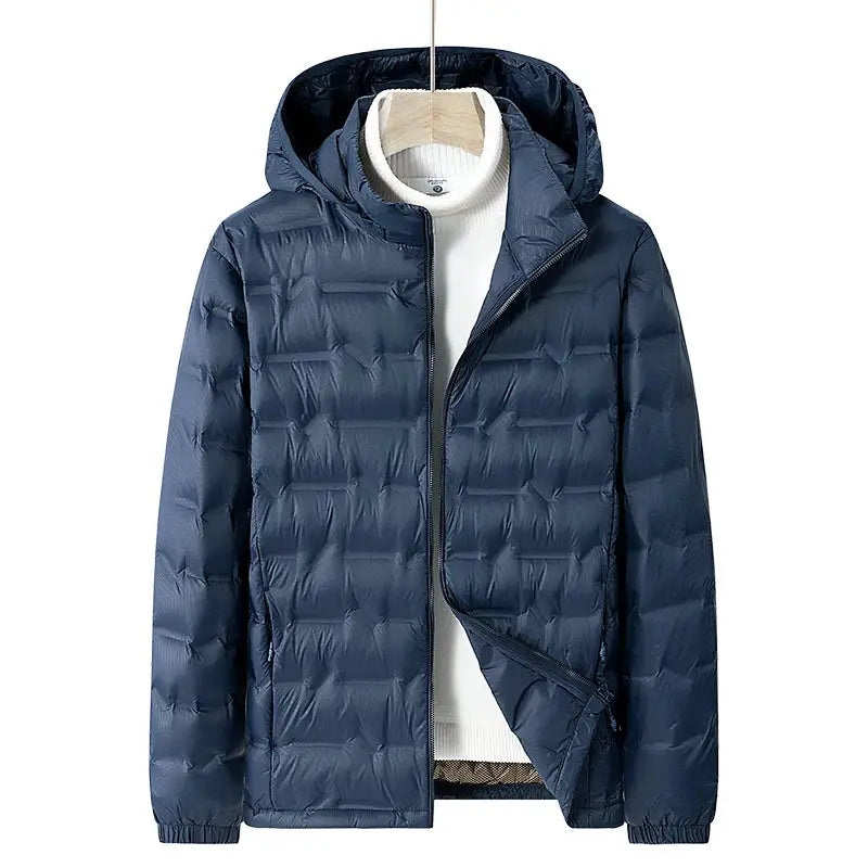 Men's navy blue hooded down jacket, quilted puffer with front zipper
