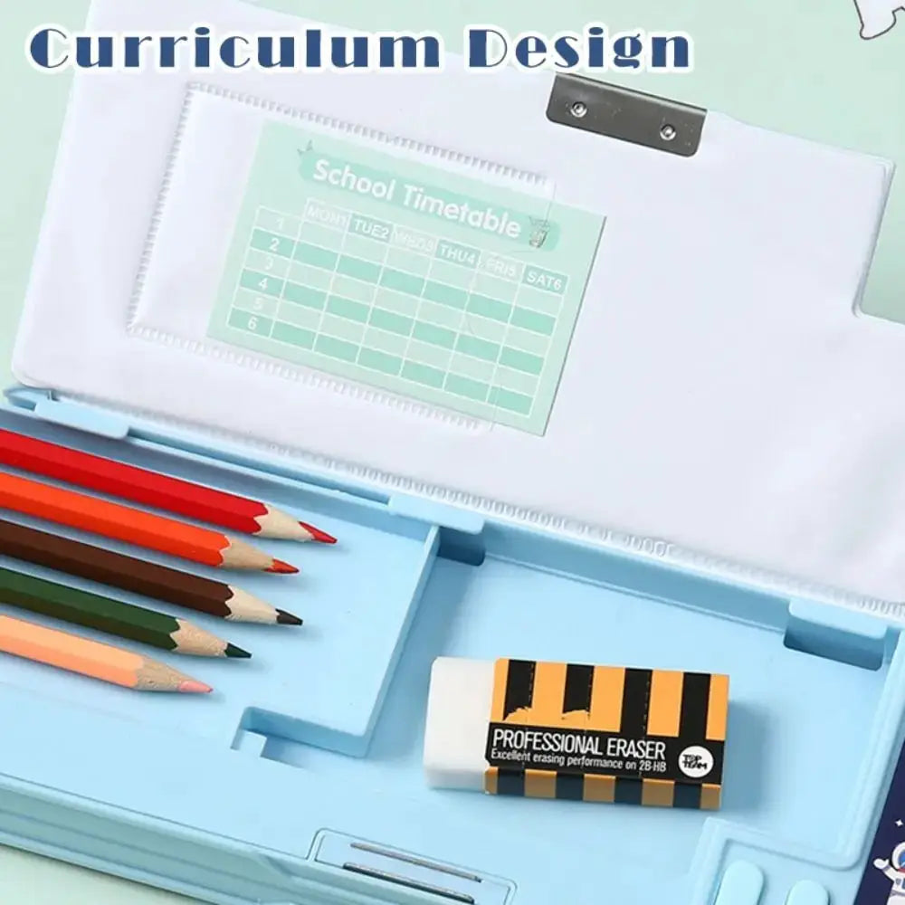 Plastic blue pencil case with double-sided compartments, colored pencils, and a striped eraser